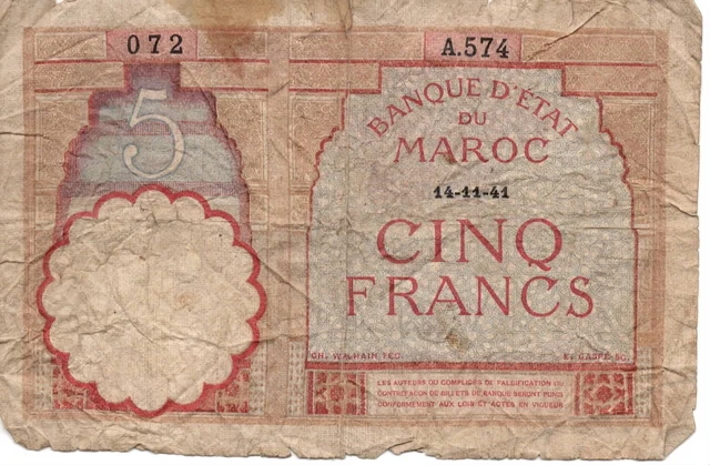 French Morocco 5 Francs 1941 Well Circulated Banknote Vintage World Paper Money