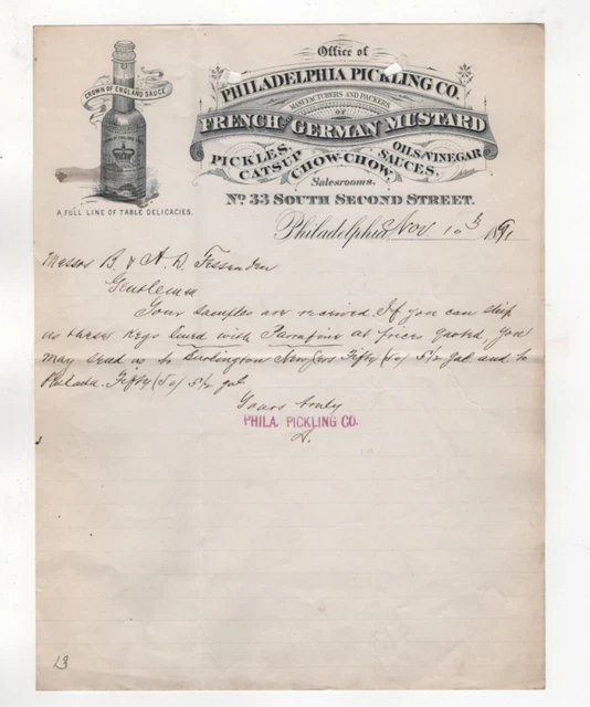 RARE 1891 PHILADELPHIA Pickling Co Letterhead Crown Of England Sauce