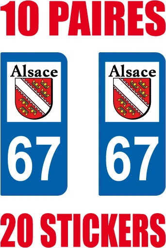 20 STICKERS AUTOCOLLANT Departement 67 Plaque Immatriculation Alsace ...