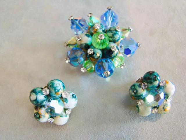 Vintage Art Glass Crystal Rhinestone Brooch Pin Earring Set Demi Parure