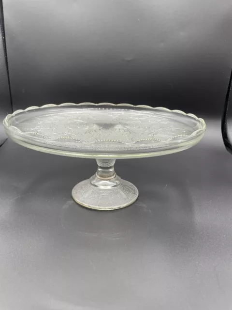 Antique/Vintage Glass Round Cake Serving Plate Harp And Leaf Pattern 10"