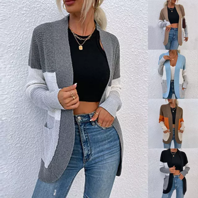Damen Taschen Sweater Cardigan Strickjacke Freizeit Lange Herbstjacke Sweatjacke