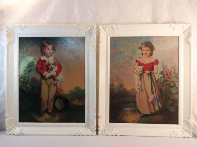 VINTAGE Pair of Framed Prints  French Boy With Dog,  Girl With Kitten Signed