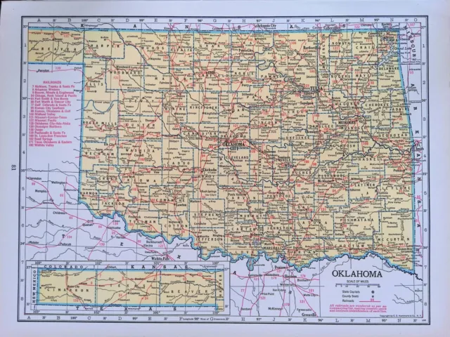 1945 Two-Sided Color Railroad Map Oklahoma/Oregon Hammond 9.25x12.25"