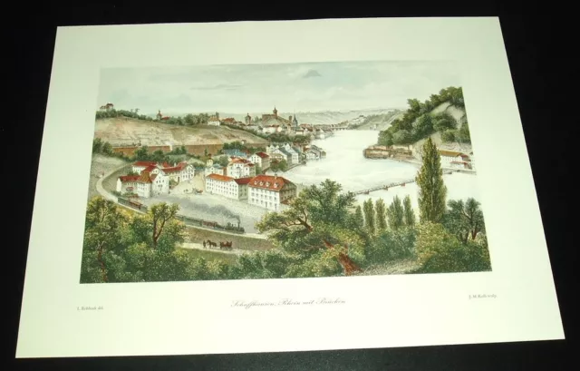 Schaffhausen - Rhein mit Brücken / Stadtbild nach altem, coloriertem Stich