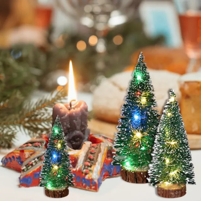 Mini Christmas Tree Snow Frost Pine Trees Ornaments Xmas Miniature w/ LED Lights