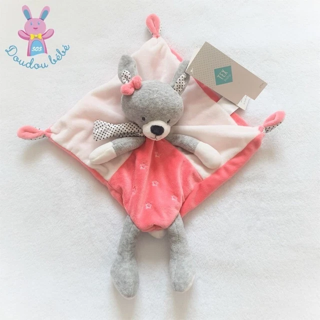 NEUF - Doudou plat Lapin rose blanc et gris étoiles TEX BABY