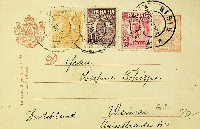 ROMANIA 3v UPRATED ON 50 BANI POSTAL CARD FROM SIBIU TO WEIMAR GERMANY