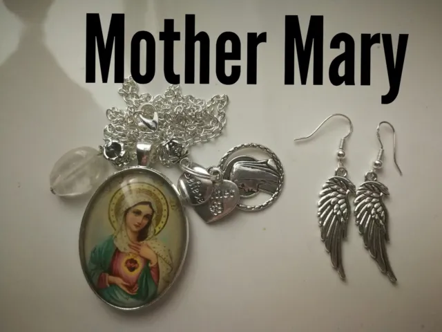 Code 177 Mother Mary Cabochon Necklace Feather Earring Clear Quartz Oval Believe
