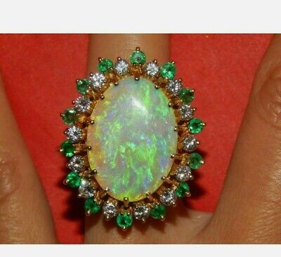 Large 5 CT Fire Opal Simulated Diamond & Emerald Ring 9ct Yellow Gold Plated