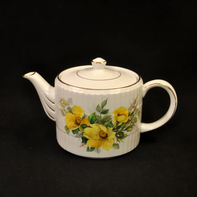 Wood & Sons Ellgreave Ribbed Ironstone Teapot Wild Yellow Roses w/Gold 1954-1981