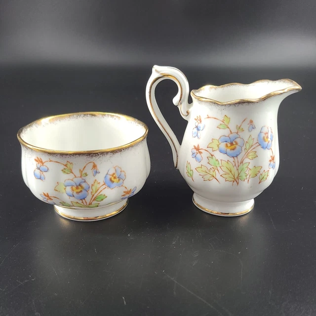 Royal Albert Creamer And Sugar Set Blue Pansies Gold Trim England