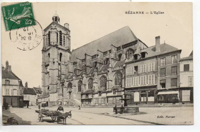 SEZANNE - Marne - CPA 51 - Church of Saint Denis 4 place fountain shop coupling