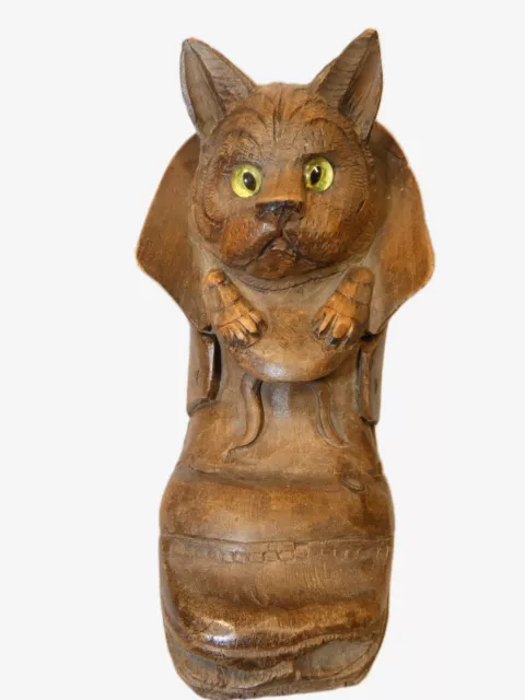 Ancien encrier bois sculpté "chat dans sa chaussure" yeux en verre forêt noire