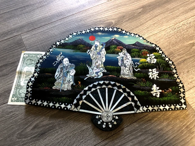 Vietnamese Wood Fan w/ Blue & Green Lacquer art