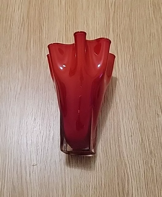 Vintage Murano Style Ruby Glass Frill Rim Handkerchief Vase-1960s