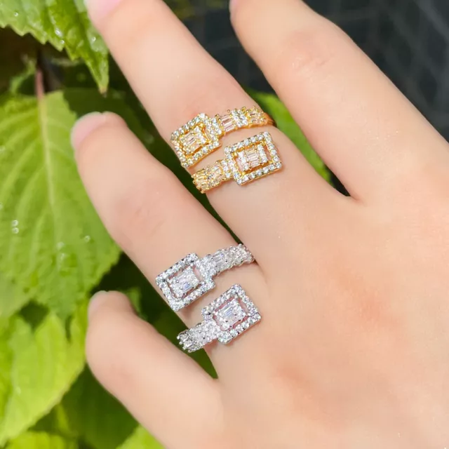Adjustable Square Engagement Open Ring Yellow Gold Plated CZ Crystal for Women