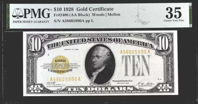 1928 $10 Gold Certificate Fr. 2400 PMG 35 Serial A58605990A