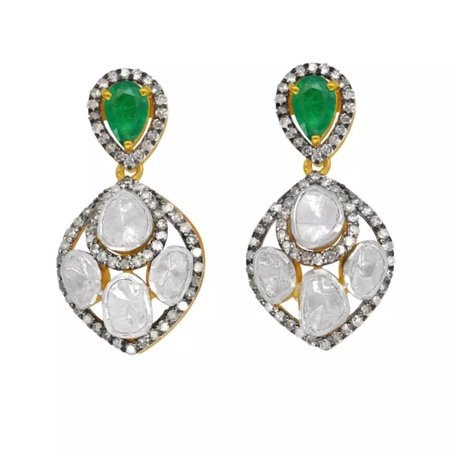 925 Sterling Silver Gold Plated Rhodium Natural Emerald Diamond Polki Earrings