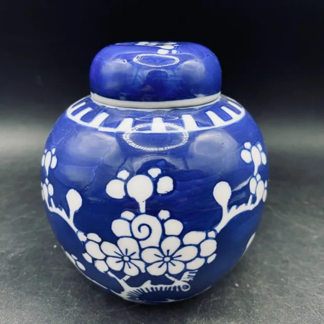 Chinese Lidded Ginger Jar BLUE Floral Ceramic Appox 5" Auth Vintage Urn & Bung