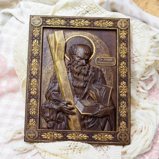 Saint Andrew ICÔNE SCULPTÉ EN BOIS CADEAU RELIGIEUX ŒUVRE D'ART SUSPENDUE