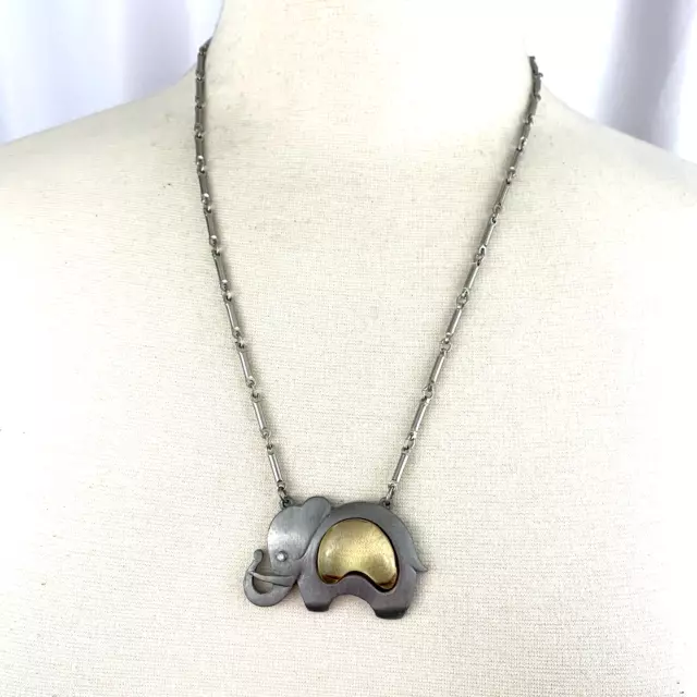 Gold Crown Inc Elephant Pendant Necklace Pewter Silver Tone Lucite Belly Vintage