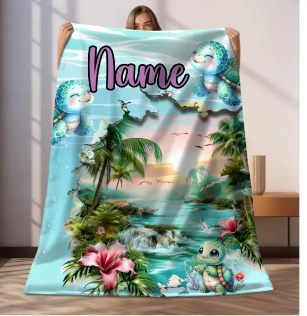 Turtles Ocean Scene custom Name gift blanket 3D ocean design , Hawaiian Themed