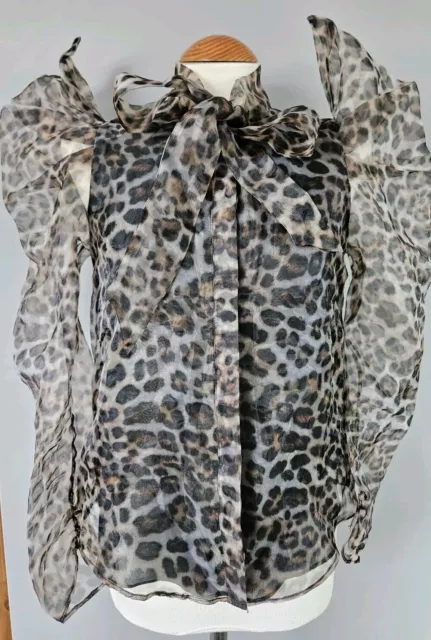 Zara - Camicetta Abbottonata Stampa Leopardata Con Cravatta Collo Trasparente - Taglia Eur S - Maniche A Soffio