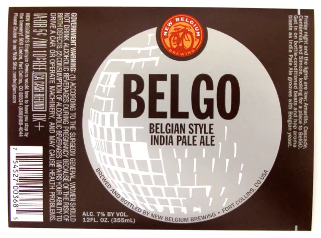 New Belgium BELGO - BELGIAN STYLE INDI A PALE ALE beer label CO 12oz