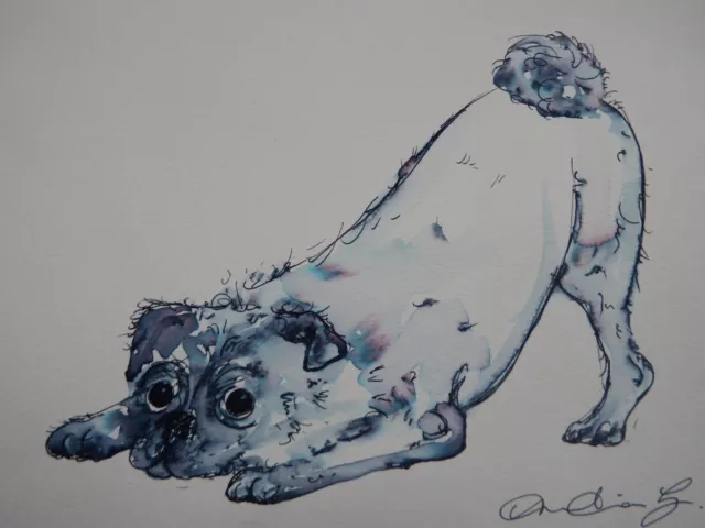 Original pen & ink wash drawing sketch of a pug dog on ivory white paper