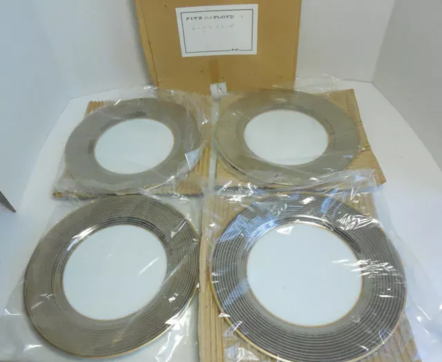 Fitz & Floyd "Les Bandes Platinees" 7 1/2" Luncheon Plates Set of 4 NIB