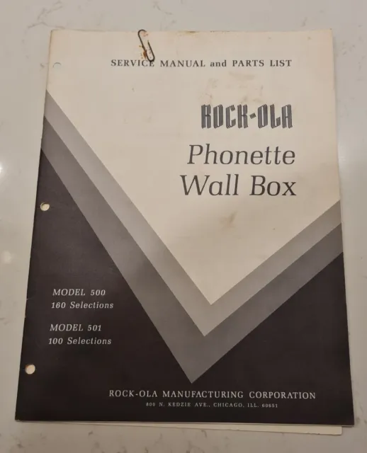 Rock-Ola Phonette Wall Box Jukebox Service Manual Parts List V.Good Condition