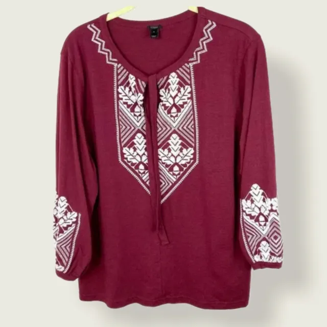 J. Crew Small Red Embroidered Bohemian Tie-Neck Boho Top Burgundy Red with White