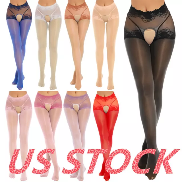 US Women's Lace See Through Tights Long Crotchless Pantyhose Mesh Sheer Tights