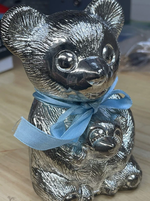 Vintage Teddy Bear Baby Cub Silver Plated Children's Bank 5" Hong Kong Patina