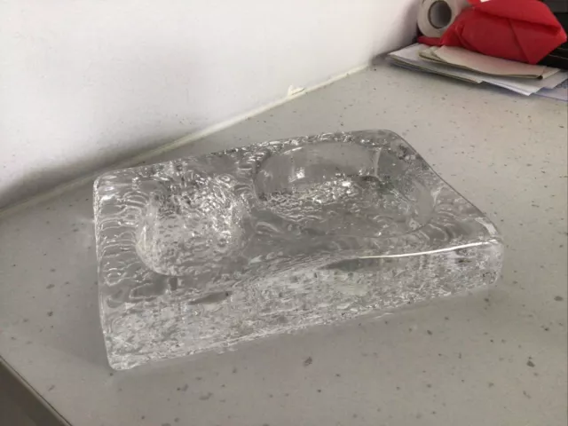 Vintage Mid Century Modern Ice Block Glass Ashtray And Pipe Holder 6.5” X 4.25”