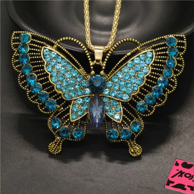 Fashion Lady Blue Cute Butterfly Retro Bling Crystal Pendant Women Necklace