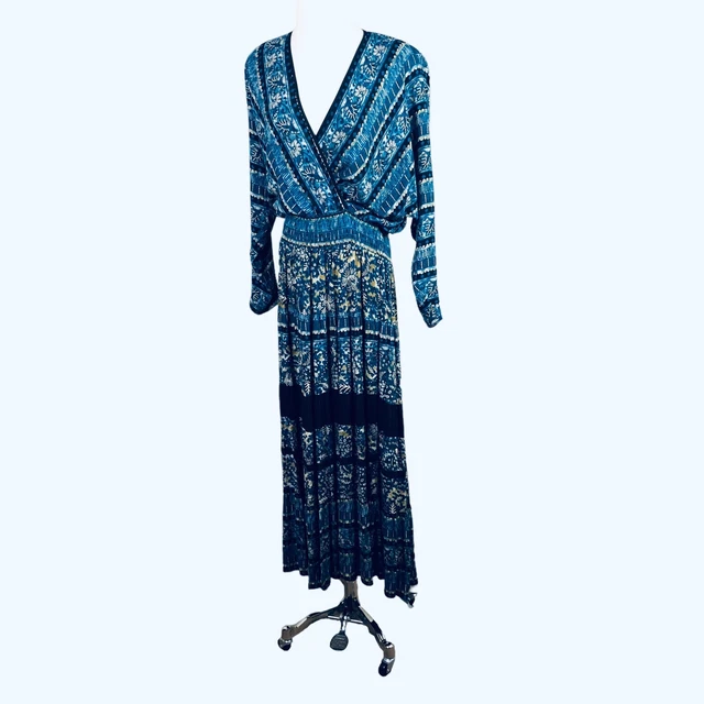 Vintage Carole Little Dress Size 12 Blue Black Beige Floral Germany Batik Midi
