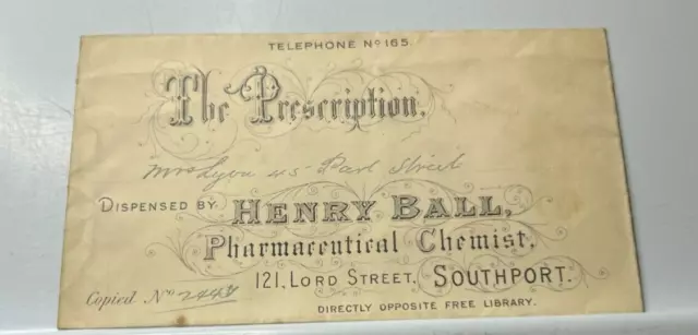 Antique Pharmacy Prescription Envelope  Henry Ball Chemist Lord St Southport
