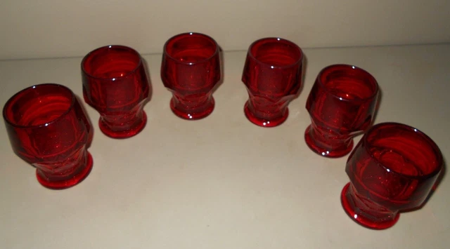 Ruby Red Glasses Thumbprint Georgian Anchor Hocking Tumblers Vintage Barware MCM
