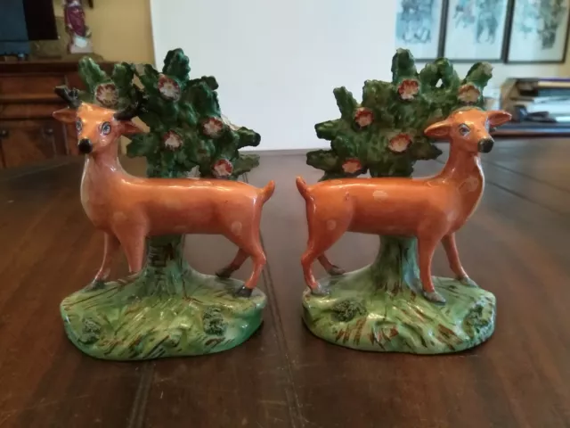 A Deer and Stag Pair Antique Staffordshire Pottery Animal Figures  6" High