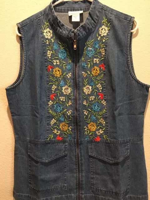 Gilet femme Country Store taille M en denim brodé floral jean bleu fermeture éclair devant 2