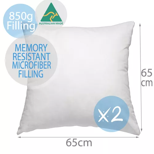 2 x AUS MADE MEMORY RESISTANT EUROPEAN PILLOW CUSHION INSERT POLYESTER 65x65cm