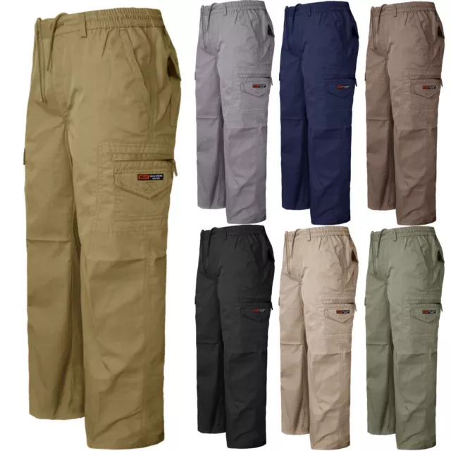 Mens Cargo Combat Elasticated Waist Trousers Work Zip Pocket Bottoms Rugby Pants