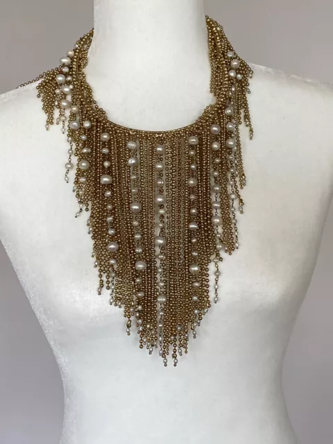 Rosantica Gold Tone Faux Pearl Necklace Collar Bib Spectacular