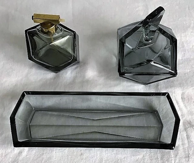 RETRO SMOKED GLASS Vanity Set. Perfume Bottle, Powder Box, Trinket Tray