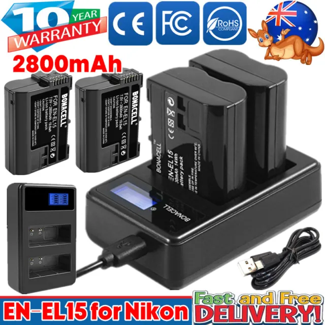 2x EN-EL15 Battery & LCD Dual Charger for Nikon D7000 D7100 D800 D800E D600 D750