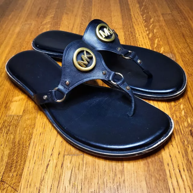 Size 9 Black Michael Kors Thong Flip Flop Sandals Gold Logo Studded