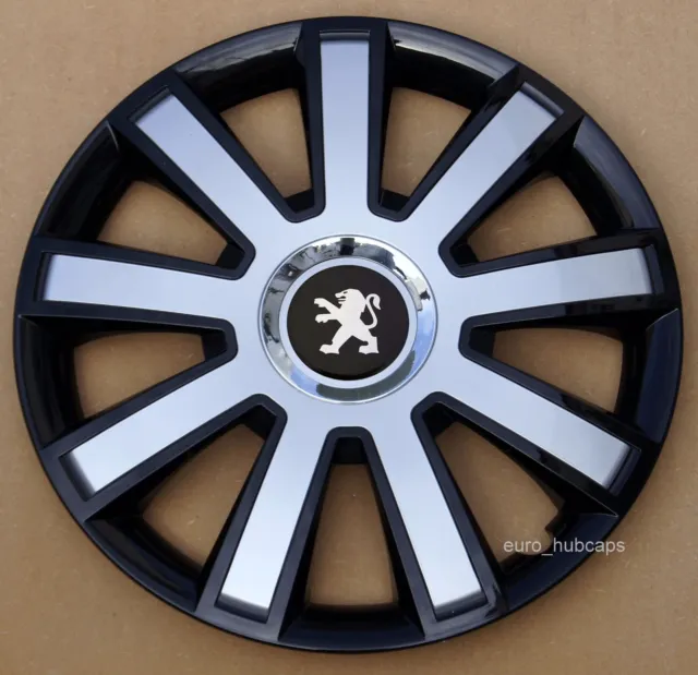 Black/Silver  14" wheel trims, Hub Caps, Covers to Peugeot 107 (Quantity 4)