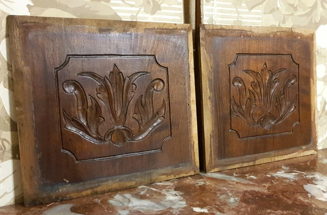 2 scroll leaves walnut wood carving panel - Antique french architectural salvage